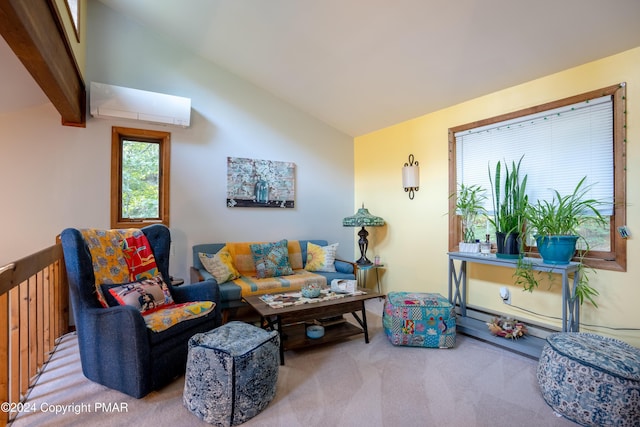 carpeted living area featuring vaulted ceiling with beams and a wall mounted AC