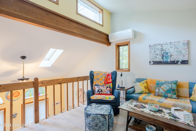 living area with a skylight, an AC wall unit, carpet flooring, high vaulted ceiling, and beamed ceiling