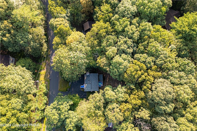 aerial view featuring a wooded view