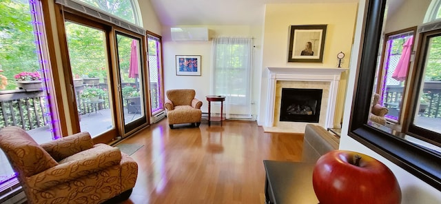 210 Dover Dr, Bushkill, PA 18324 - living area with a wall unit AC, wood finished floors, a fireplace with raised hearth, and a baseboard heating unit