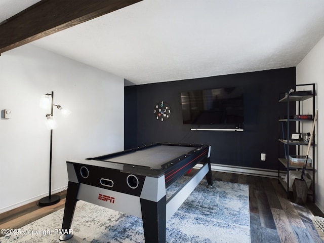 rec room with hardwood / wood-style flooring, pool table, and beam ceiling