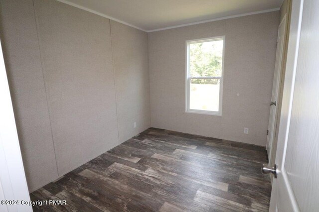 unfurnished room featuring ornamental molding and dark wood-style flooring