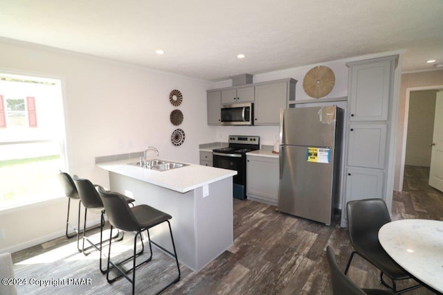 kitchen with dark wood finished floors, stainless steel appliances, gray cabinetry, a sink, and a kitchen bar