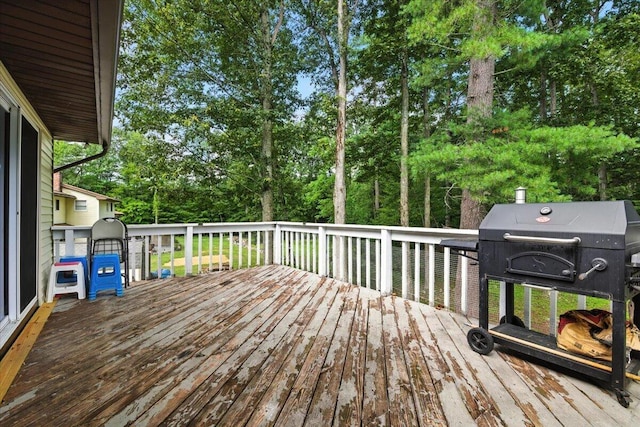 52 Bull Pine Rd, East Stroudsburg, PA 18301 - wooden terrace featuring view of wooded area and grilling area
