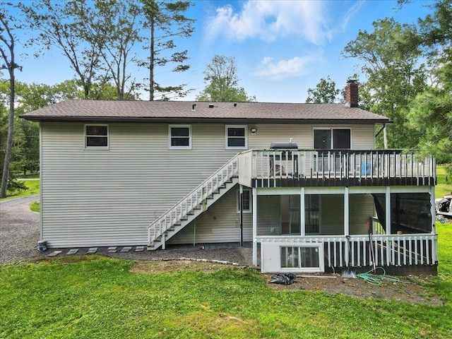 52 Bull Pine Rd, East Stroudsburg, PA 18301 - rear view of house featuring stairway, a deck, a chimney, and a yard