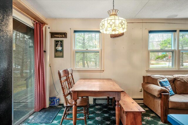 dining space featuring a baseboard radiator, carpet floors, ornamental molding, and an inviting chandelier