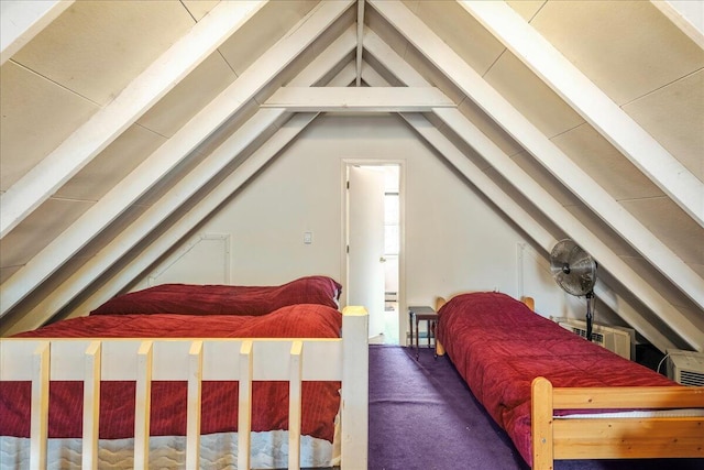 bedroom featuring vaulted ceiling with beams and carpet