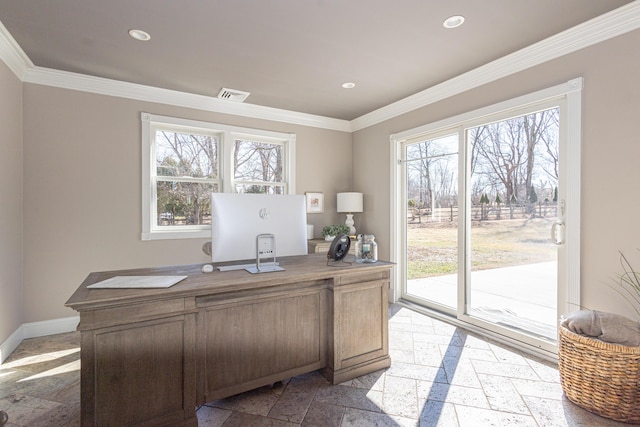 office space with plenty of natural light, recessed lighting, visible vents, and stone tile flooring