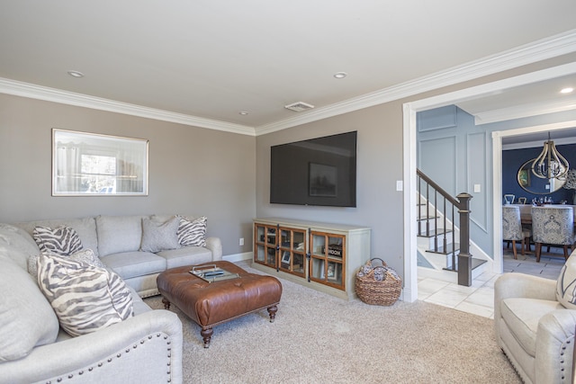 carpeted living room with tile patterned flooring, crown molding, stairway, and visible vents