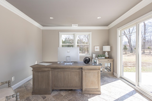 office featuring crown molding, a healthy amount of sunlight, baseboards, and stone tile flooring