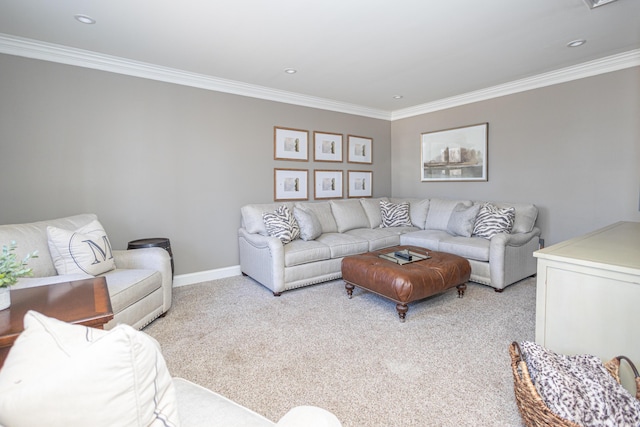 carpeted living room with recessed lighting, baseboards, and ornamental molding