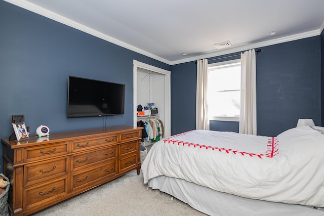 bedroom featuring a closet, light carpet, visible vents, and crown molding