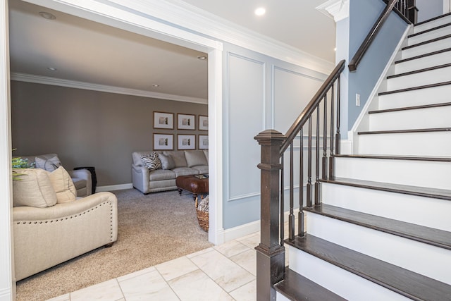 stairs featuring recessed lighting, baseboards, carpet, and crown molding