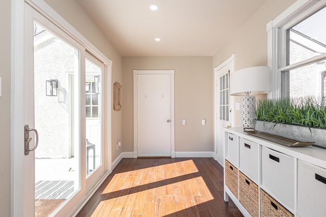 doorway featuring dark wood-style floors, recessed lighting, a healthy amount of sunlight, and baseboards