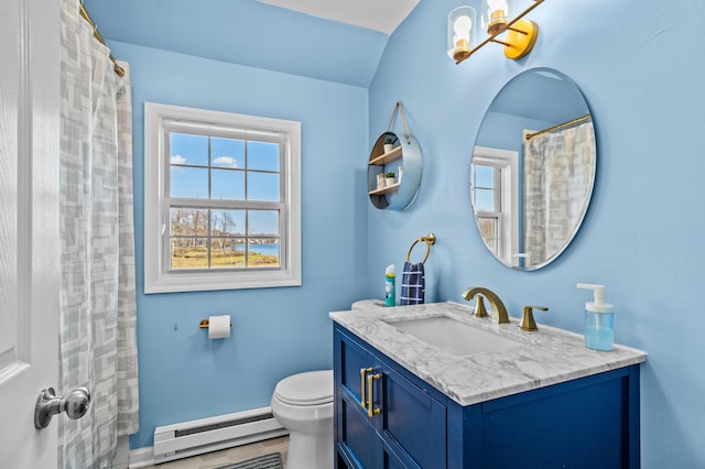 2255 Whippoorwill Dr, Tobyhanna, PA 18466 - bathroom with vanity, toilet, a baseboard heating unit, and baseboards