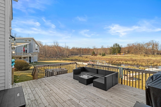 2255 Whippoorwill Dr, Tobyhanna, PA 18466 - wooden deck with outdoor lounge area and a water view