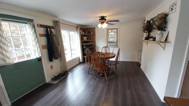 2314 Long Pond Rd, Long Pond, PA 18334 - dining room featuring dark wood-type flooring, ceiling fan, and a fireplace