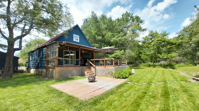 2314 Long Pond Rd, Long Pond, PA 18334 - rear view of house with a lawn, a patio area, a ceiling fan, and a wooden deck