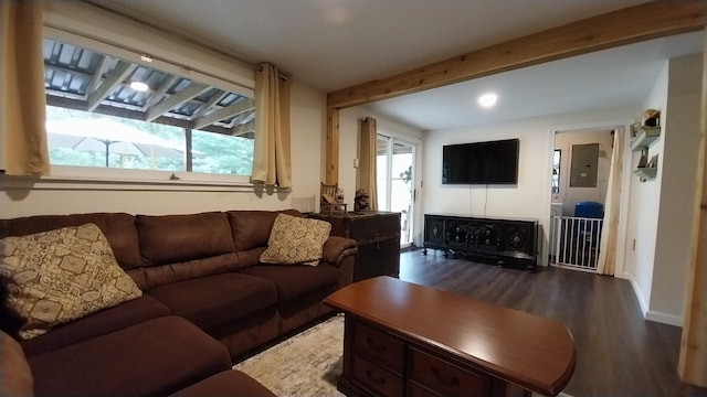 2314 Long Pond Rd, Long Pond, PA 18334 - living room with wood finished floors, beam ceiling, plenty of natural light, and electric panel