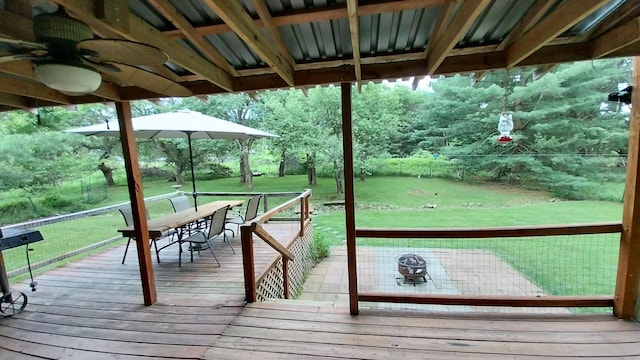 2314 Long Pond Rd, Long Pond, PA 18334 - wooden terrace featuring a lawn, a ceiling fan, and outdoor dining space