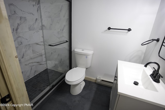 full bathroom featuring a baseboard radiator, toilet, vanity, tiled shower, and baseboards