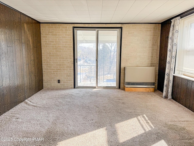 spare room featuring brick wall, carpet, a wealth of natural light, and wooden walls