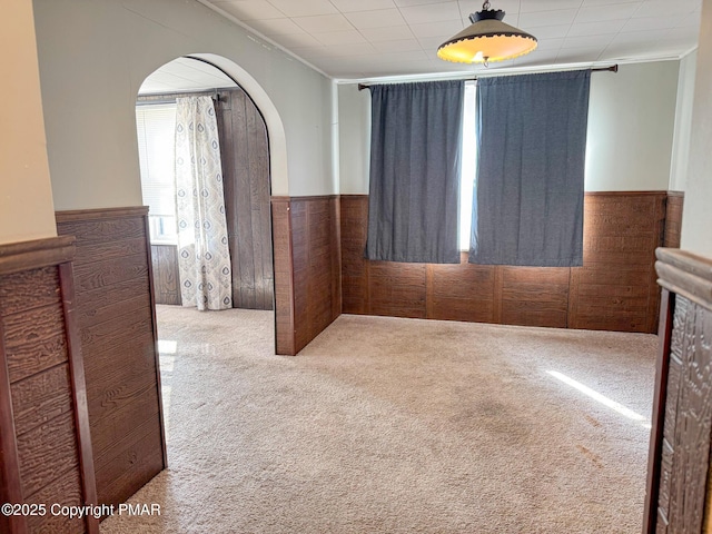 empty room featuring ornamental molding, wainscoting, wood walls, and carpet flooring