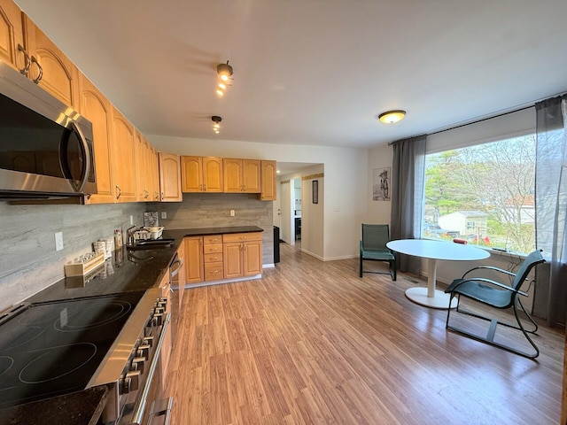 90 Packerton Dam Dr, Lehighton, PA 18235 - kitchen with light wood-style floors, dark countertops, stainless steel appliances, decorative backsplash, and light brown cabinets