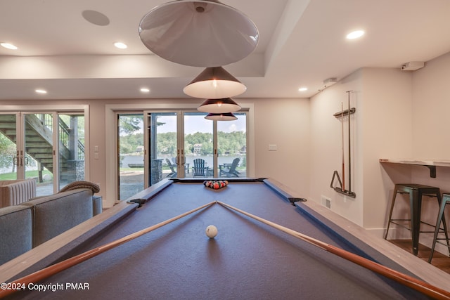 game room featuring pool table, french doors, recessed lighting, and visible vents