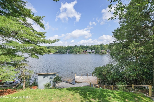 property view of water with a dock