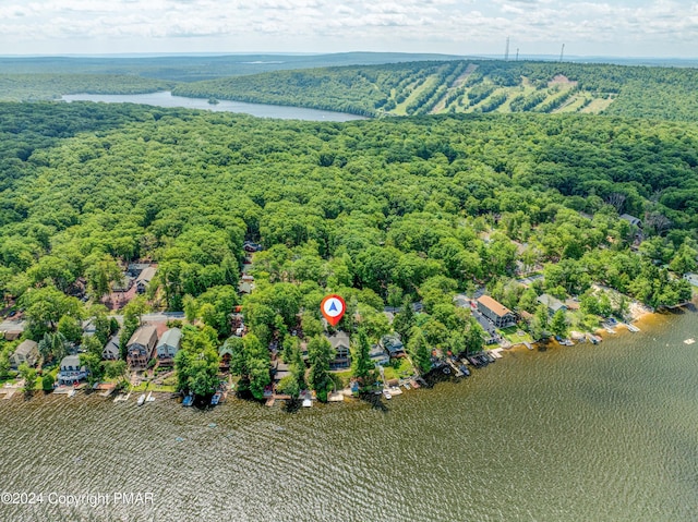 birds eye view of property with a water view and a wooded view
