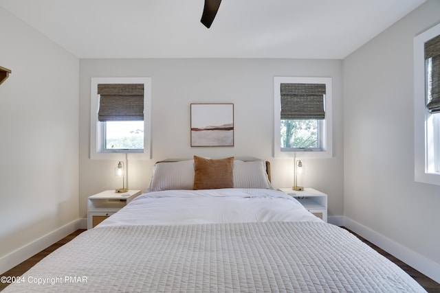 bedroom featuring baseboards, dark wood-type flooring, and multiple windows