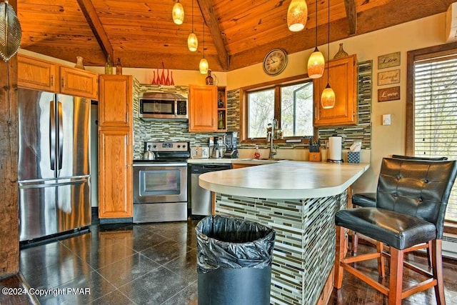 kitchen with wooden ceiling, granite finish floor, stainless steel appliances, and backsplash