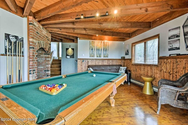 game room featuring wooden ceiling, a wainscoted wall, beamed ceiling, and wood finished floors