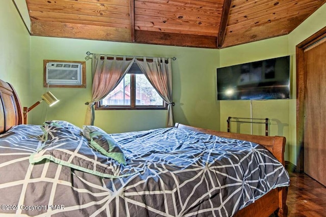 bedroom with wooden ceiling, vaulted ceiling, and a wall mounted air conditioner