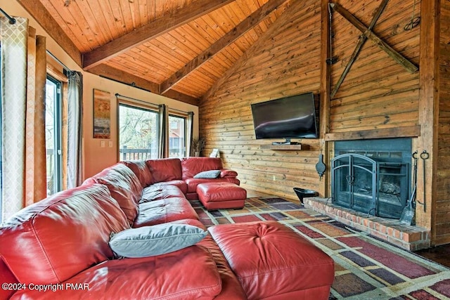 living room with wooden ceiling, a brick fireplace, high vaulted ceiling, and beam ceiling