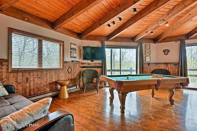 game room with wooden ceiling, a fireplace, a wainscoted wall, and wood finished floors