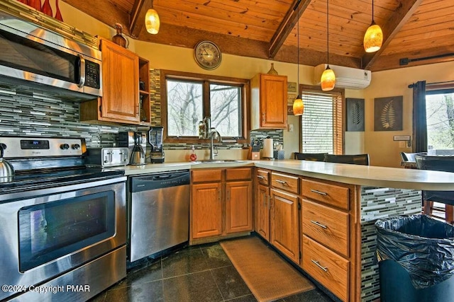 kitchen featuring wooden ceiling, a peninsula, stainless steel appliances, granite finish floor, and a sink