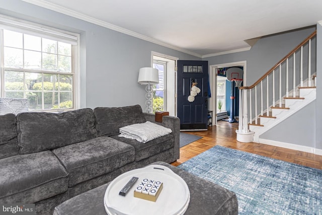 104 Lowrys Ln, Bryn Mawr, PA 19010 - living area featuring plenty of natural light, crown molding, and stairway