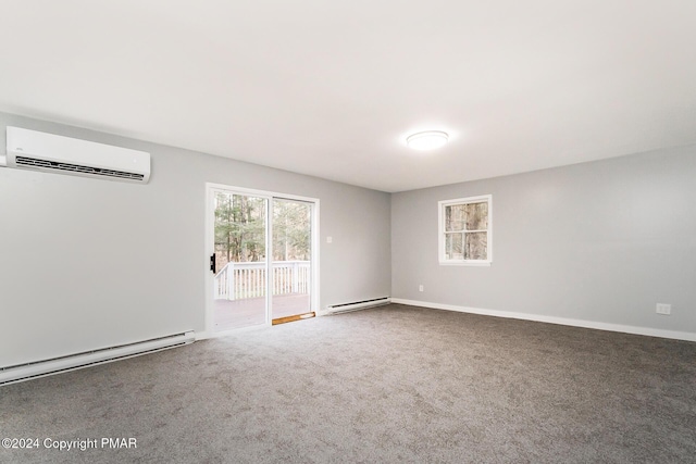 carpeted empty room featuring a baseboard radiator, baseboards, baseboard heating, and a wall mounted AC