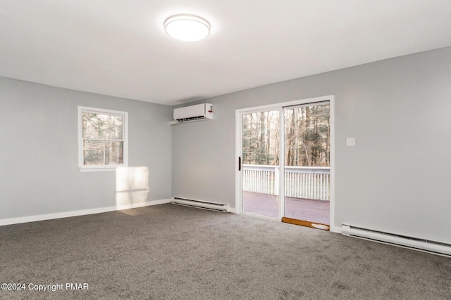 carpeted empty room featuring a wall mounted AC, baseboard heating, and baseboards