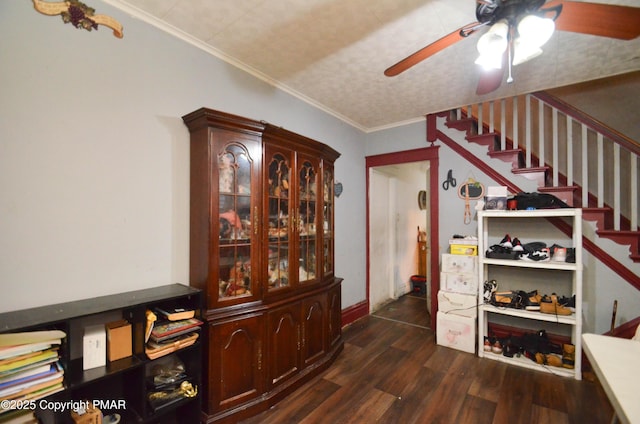 interior space featuring ceiling fan, stairs, dark wood finished floors, and crown molding