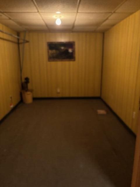 finished below grade area with wood walls and a drop ceiling