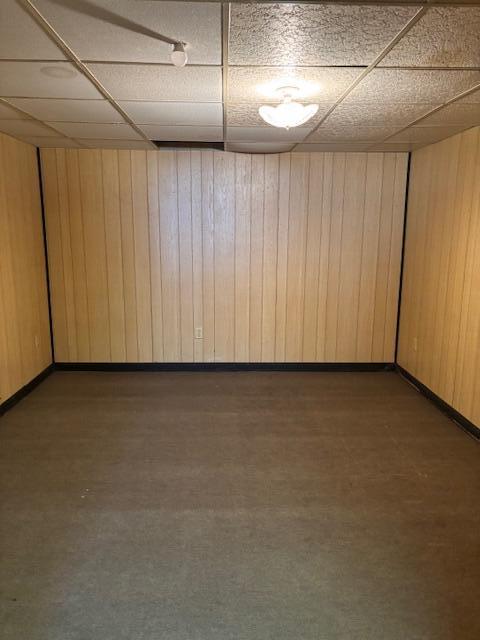 carpeted spare room with baseboards, wood walls, and a paneled ceiling