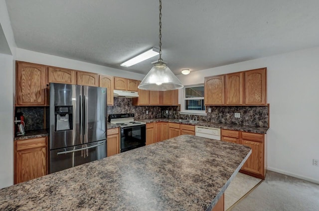 1162 Colt Ln, Pocono Summit, PA 18346 - kitchen featuring stainless steel fridge with ice dispenser, range with electric stovetop, under cabinet range hood, white dishwasher, and decorative backsplash