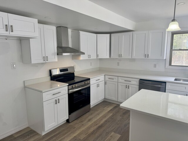 52 Tanglewood Dr, Albrightsville, PA 18210 - kitchen with white cabinets, wall chimney exhaust hood, dishwasher, dark wood finished floors, and electric range