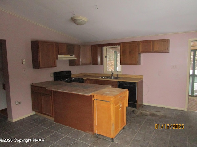 kitchen with black appliances, a sink, a wealth of natural light, and under cabinet range hood