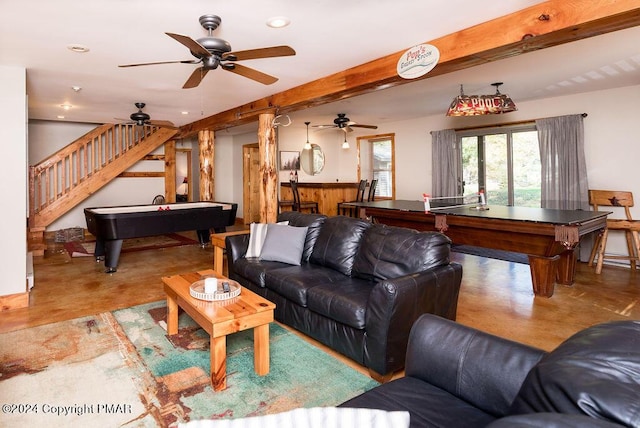 living area with recessed lighting, billiards, finished concrete flooring, stairway, and beam ceiling