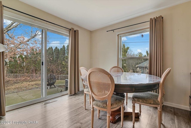 dining room with light wood-type flooring, visible vents, and baseboards