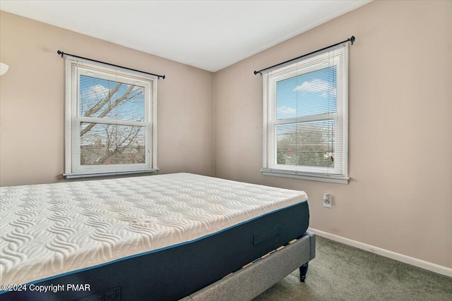 carpeted bedroom featuring multiple windows and baseboards